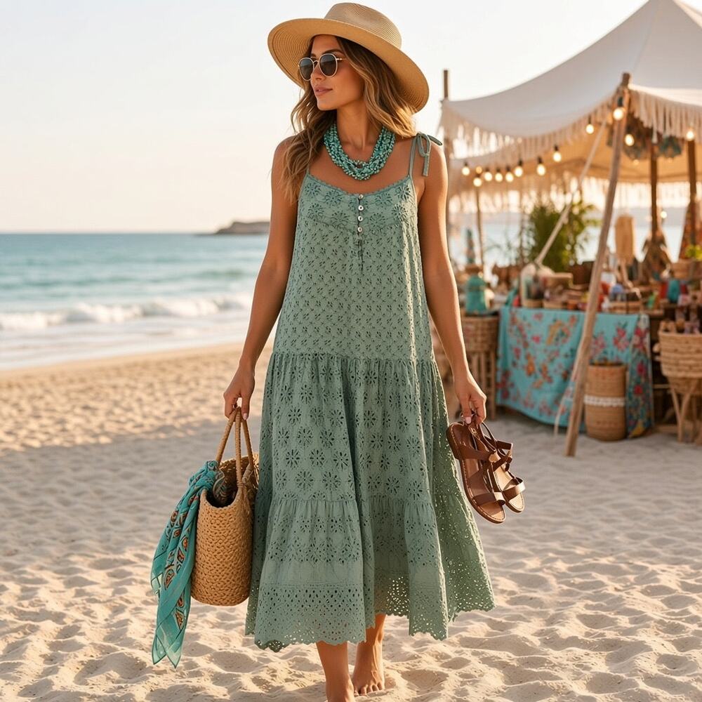 Lucky Brand Tie Sleeve Tiered Eyelet Midi Dress Sage Green Womens Small Cottage
